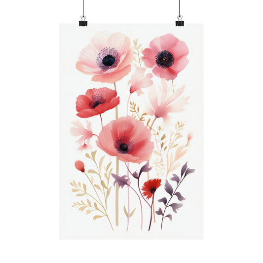 Watercolor painting of pink and red poppies with delicate foliage.