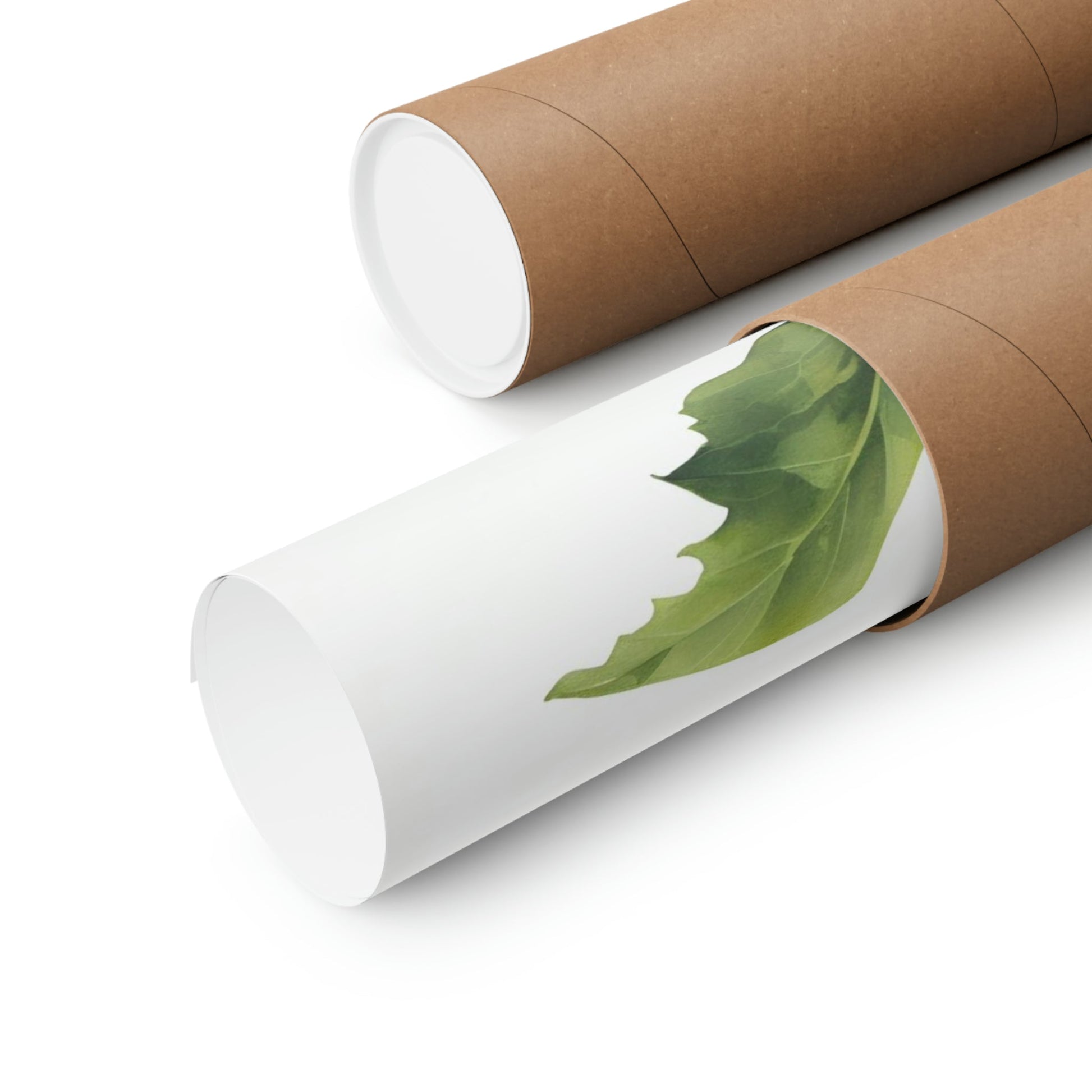 Two rolls of brown paper with green leaves on them