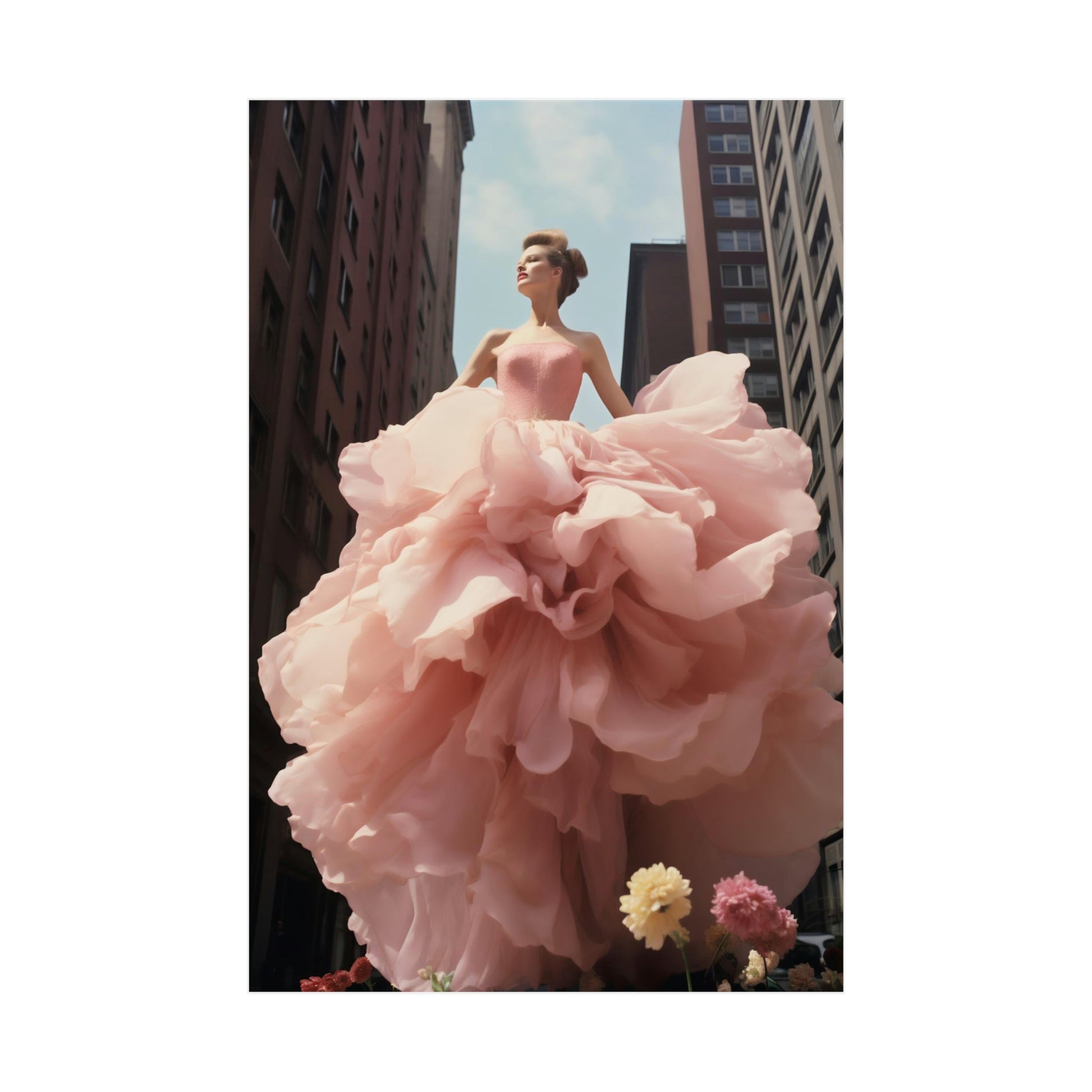 A woman in a pink dress standing on a ledge