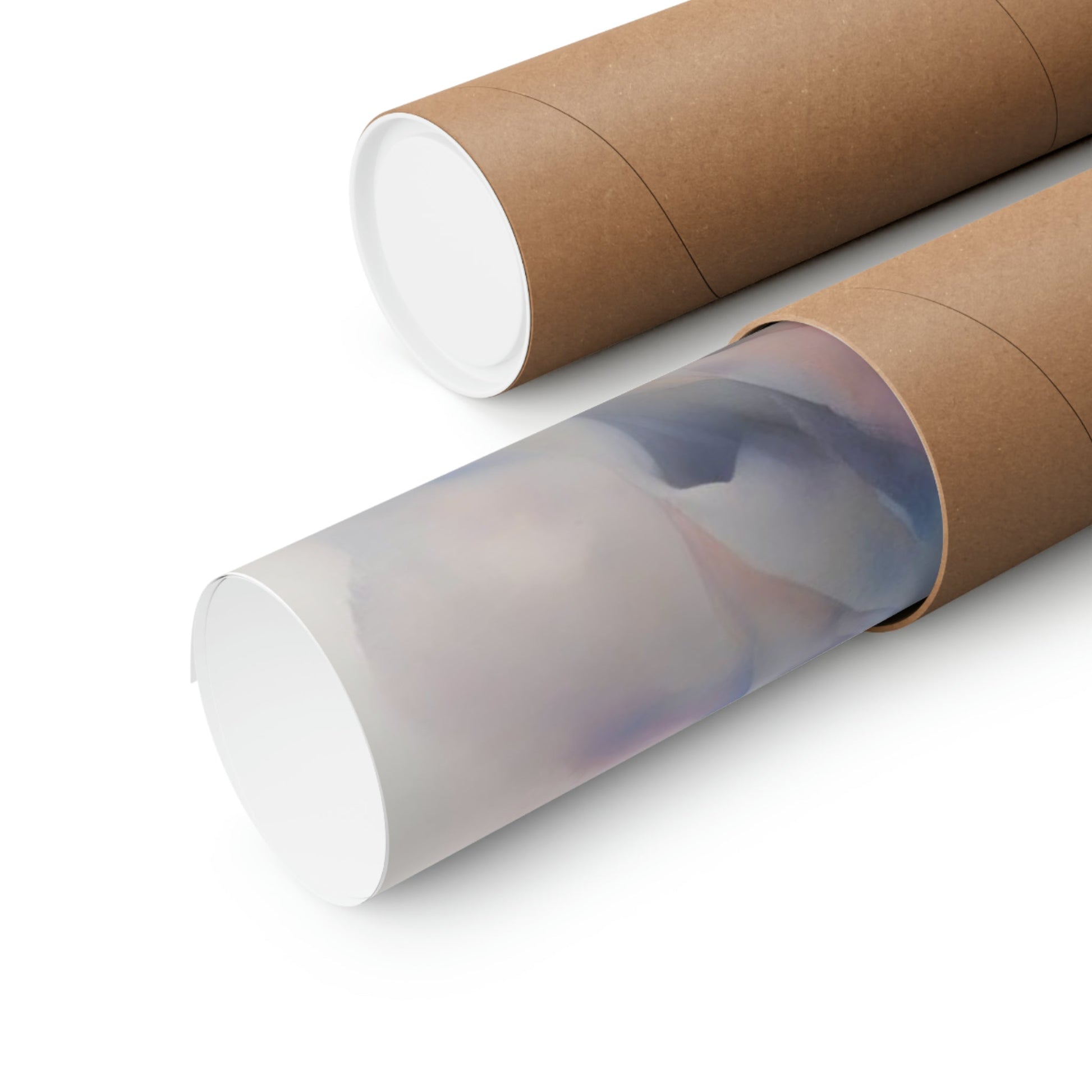 Cardboard mailing tubes, one open to reveal a translucent inner lining.