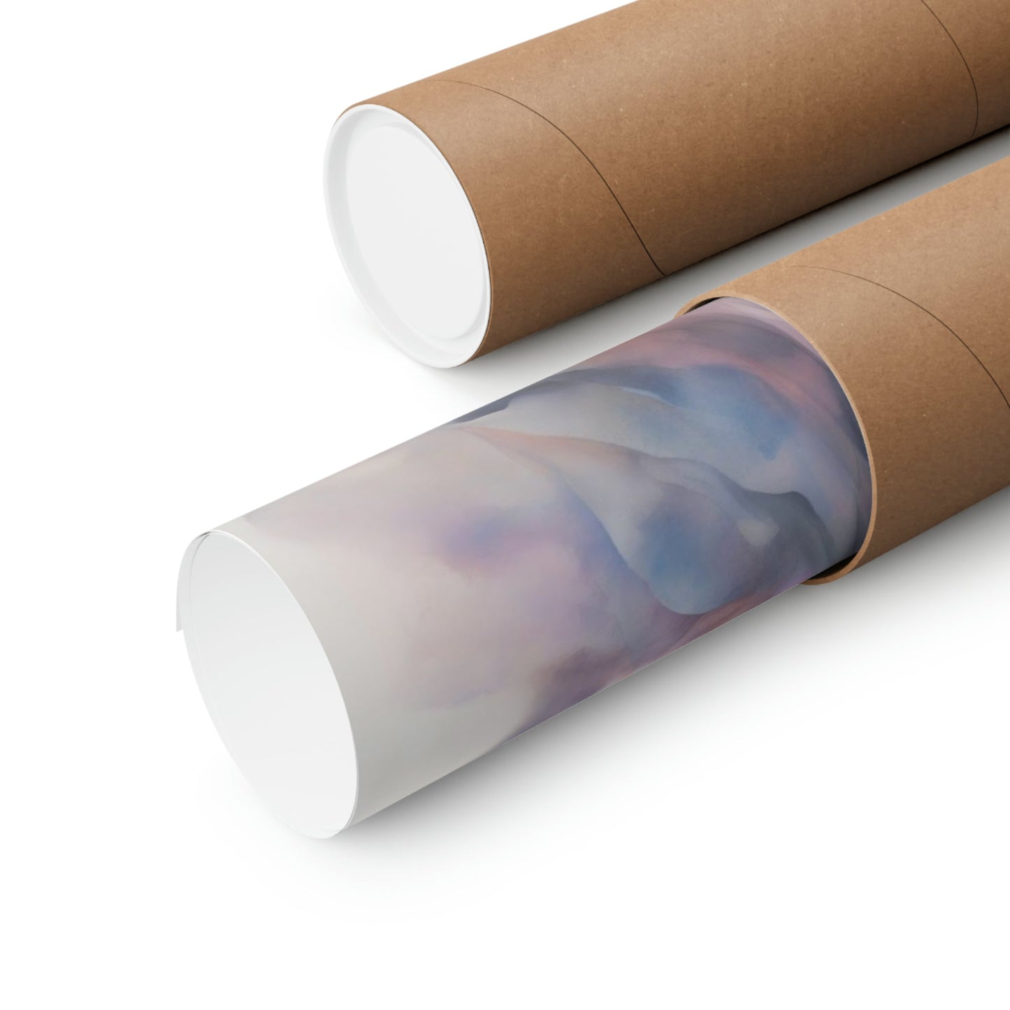 Cardboard mailing tubes, one with a translucent section revealing colorful contents inside.