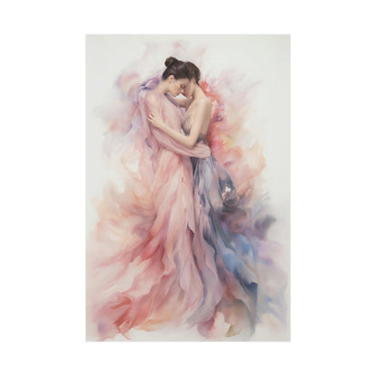 Watercolor painting of an embracing couple in flowing, pastel-colored clothing.