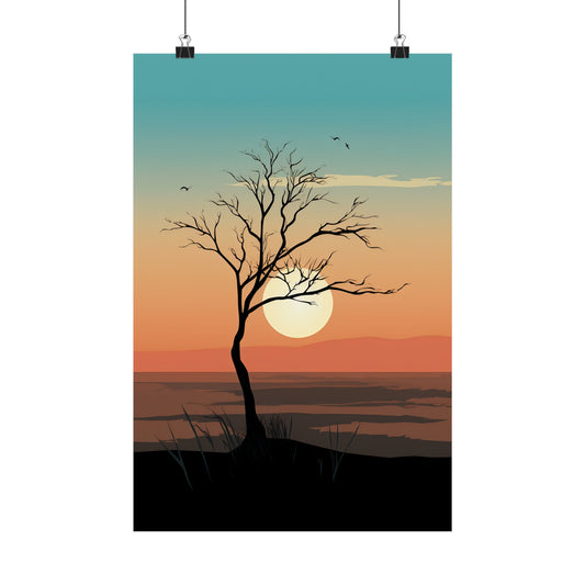 Silhouette of a bare tree against a sunset sky with a full sun visible.