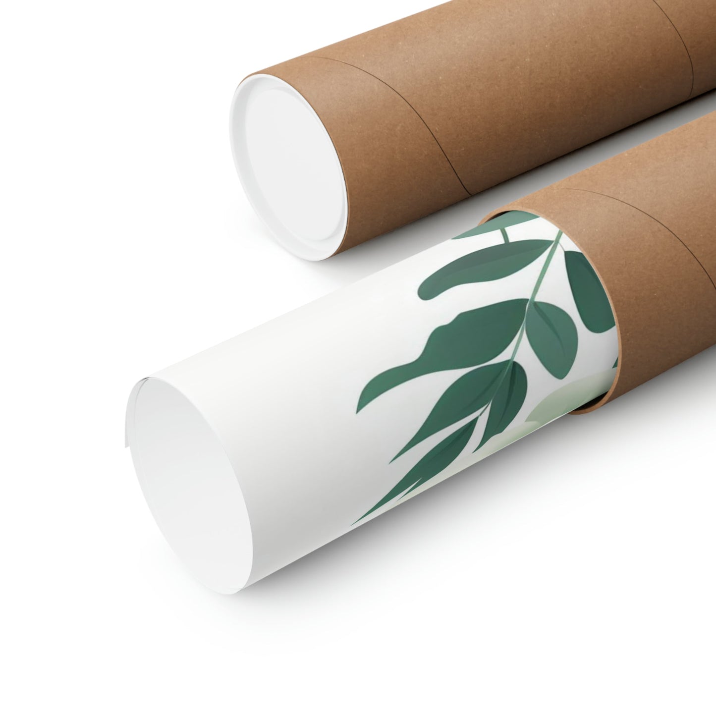 Two rolls of brown paper with green leaves on them