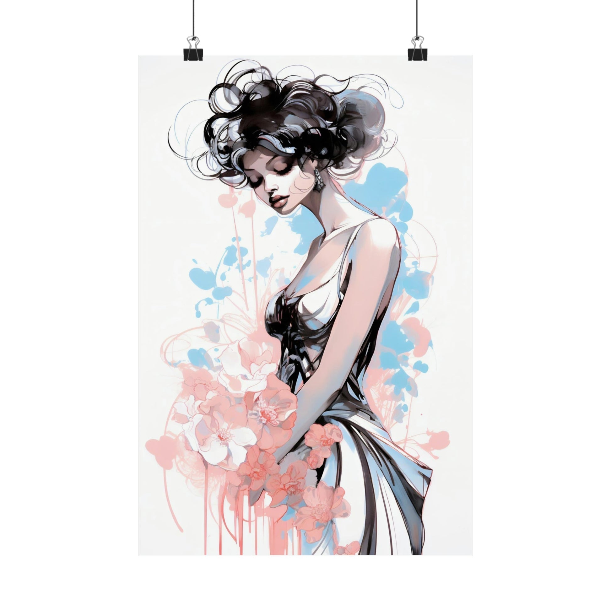 Stylized illustration of a woman with flowing dark hair and a dress against watercolor-like splashes of blue and pink.