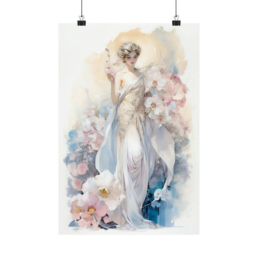 Watercolor painting of an elegant woman in a flowing white dress surrounded by soft floral elements.