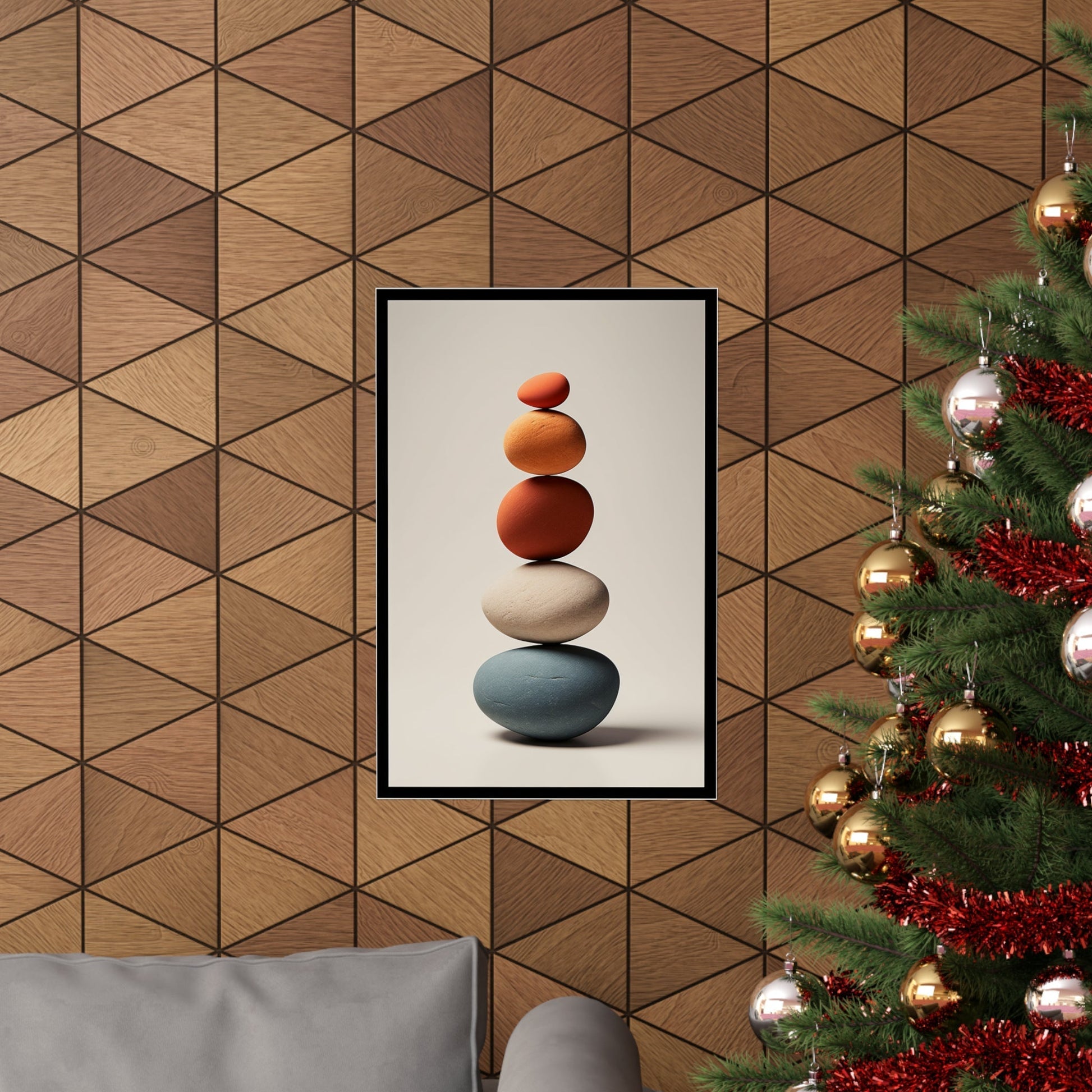 A christmas tree with a picture of a rock on it