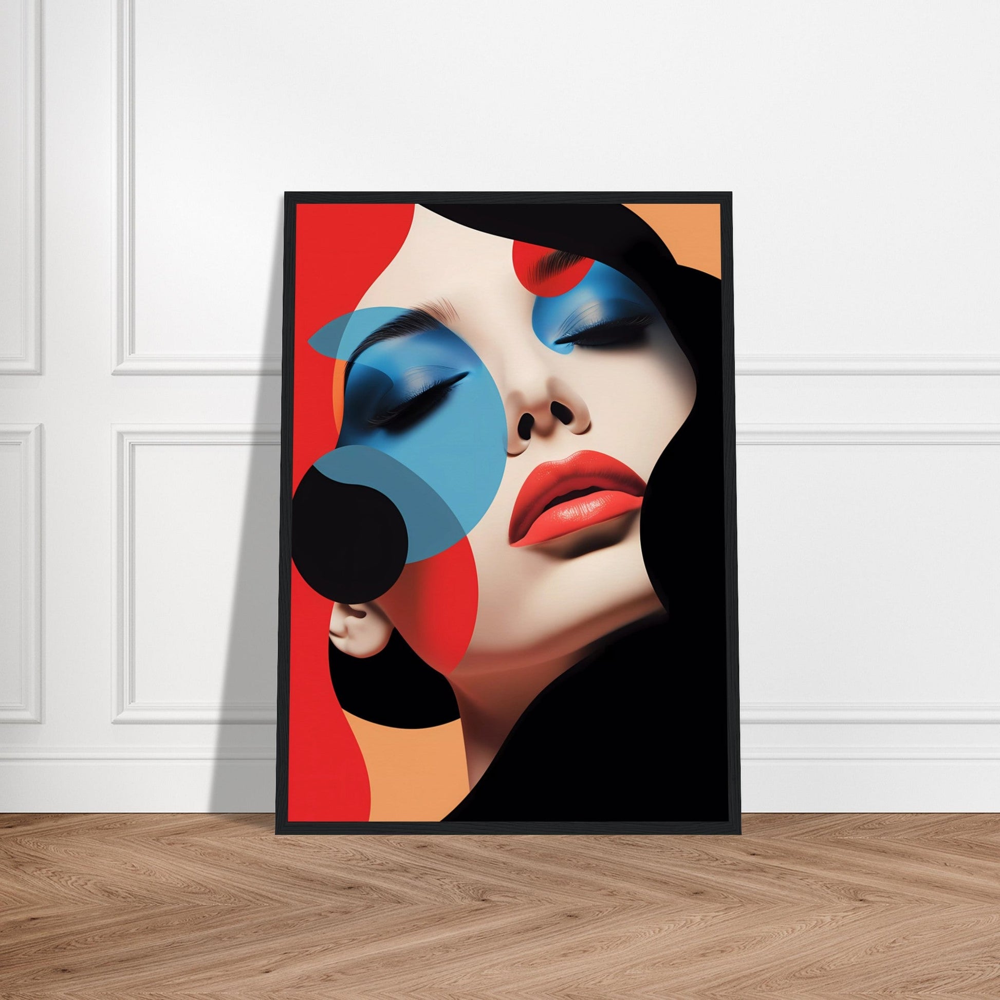 A poster with a woman’s face and colorful makeup