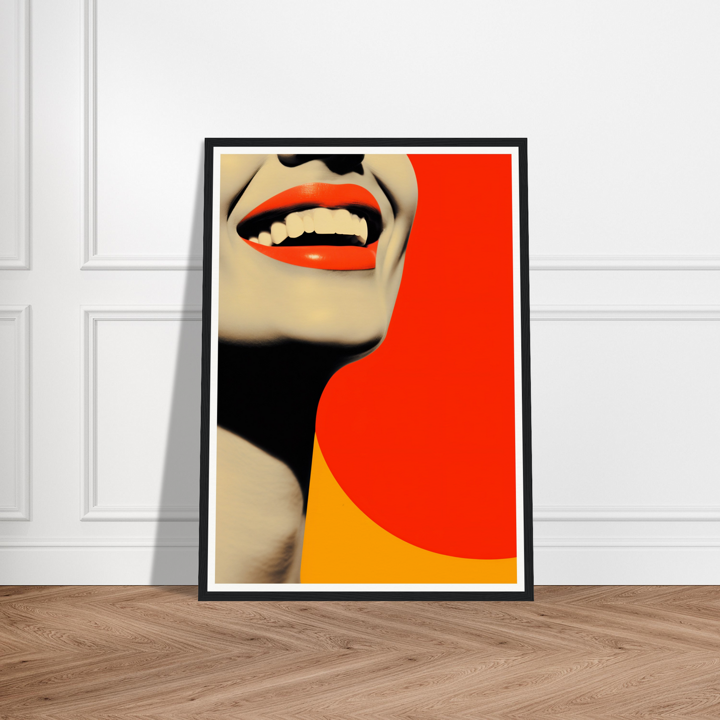 A poster with a woman’s face and red lips