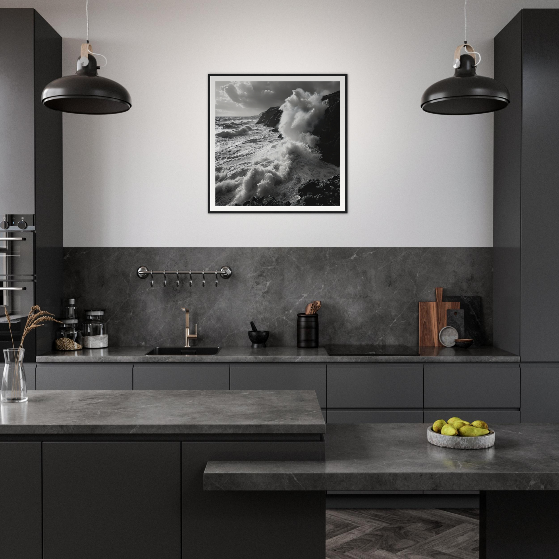 Modern dark kitchen featuring Primal Ocean Symphony art with black cabinets and industrial lights