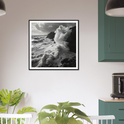 Black and white photo of ocean waves on cliffs from Primal Ocean Symphony special edition art™