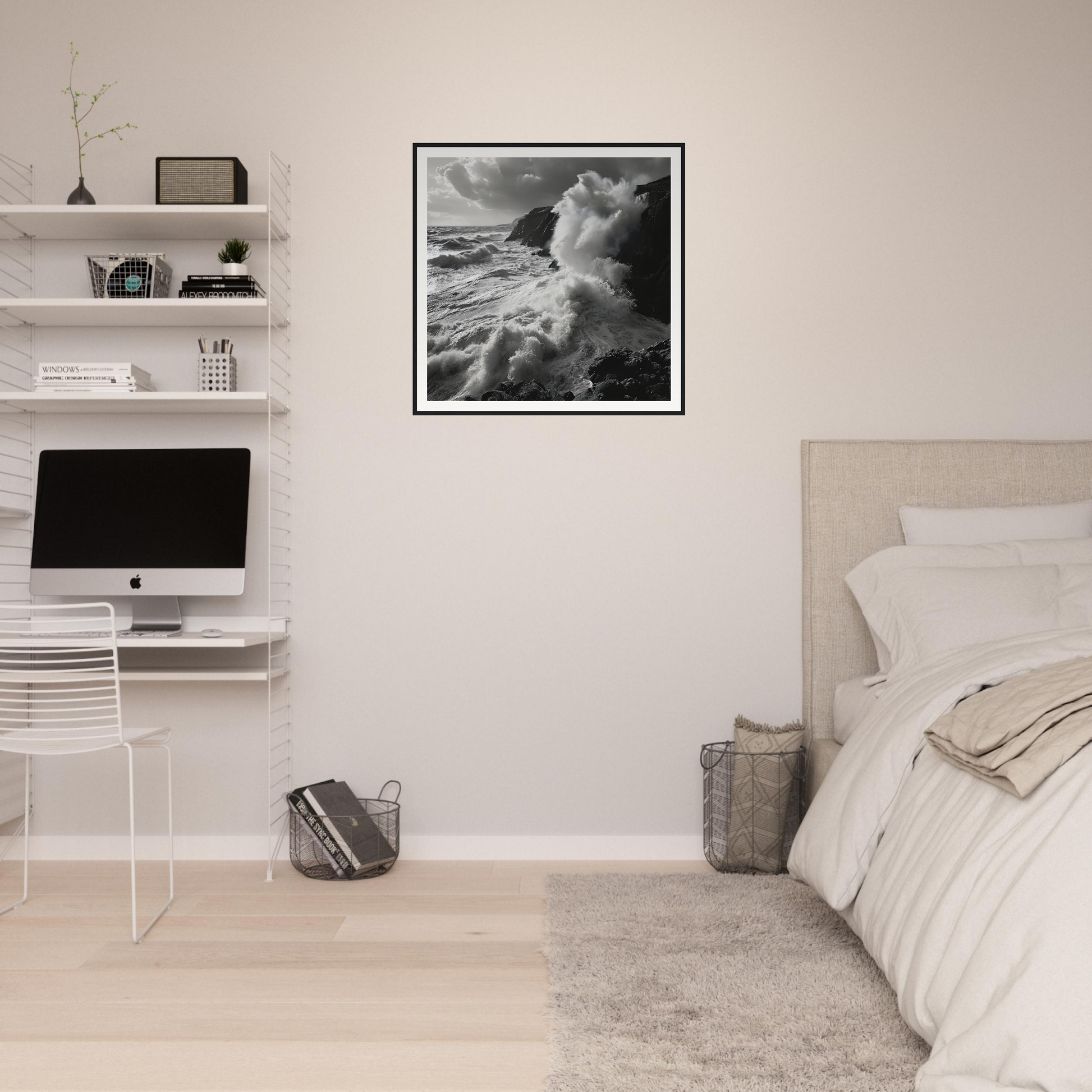 Minimalist bedroom featuring Primal Ocean Symphony artwork and sleek iMac setup