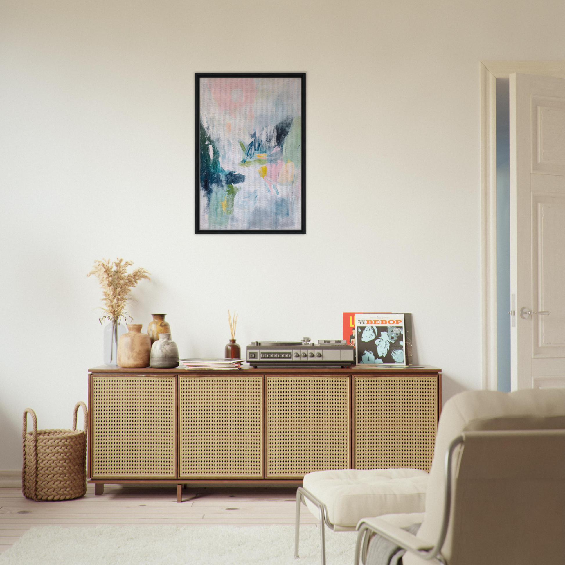 Wooden sideboard with rattan doors and decor, perfect for Prism Dreamscape Gestures