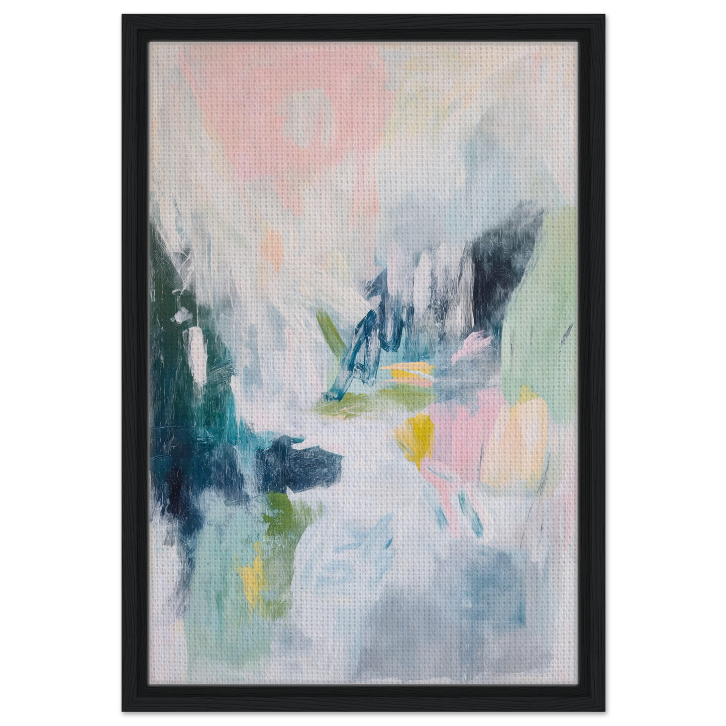 Abstract painting in soft pastels within a black frame titled Prism Dreamscape Gestures