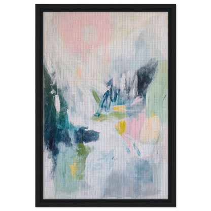 Abstract painting in soft pastels within a black frame titled Prism Dreamscape Gestures