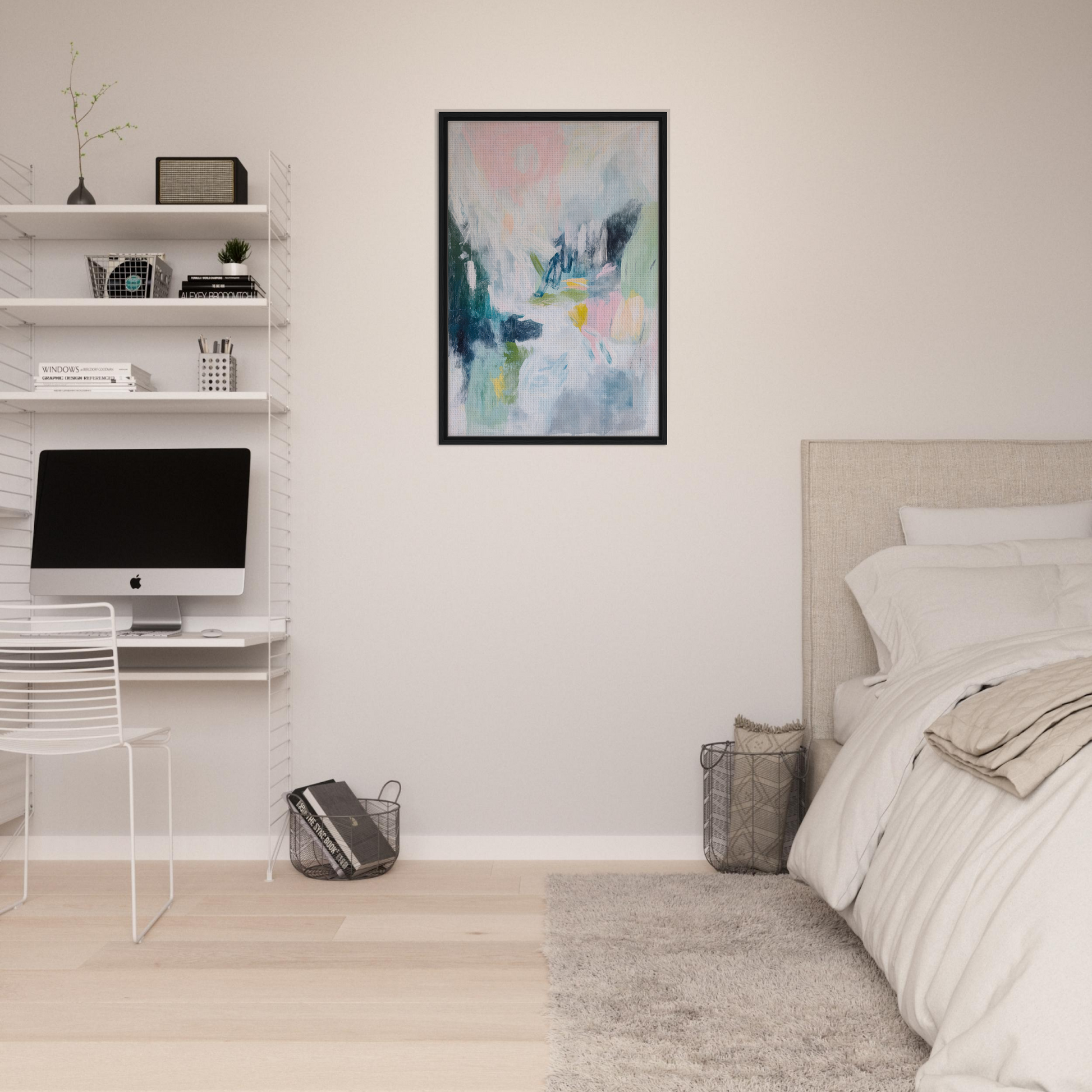 Modern bedroom with minimalist decor and Prism Dreamscape Gestures abstract painting