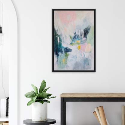 Abstract painting in soft pastels, framed, enhances room decor with Prism Dreamscape Gestures