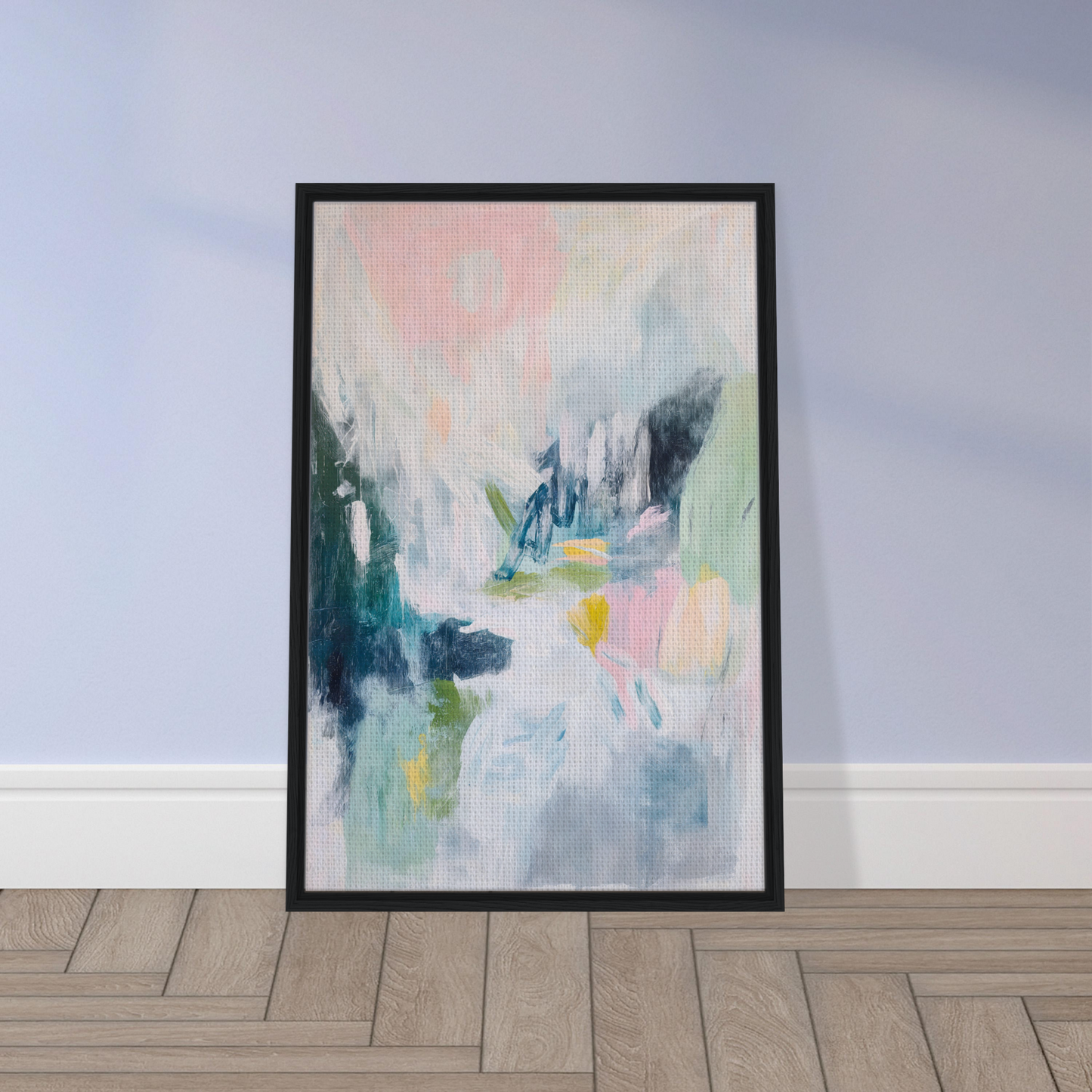 Abstract painting in a black frame showcasing Prism Dreamscape Gestures with pastel colors