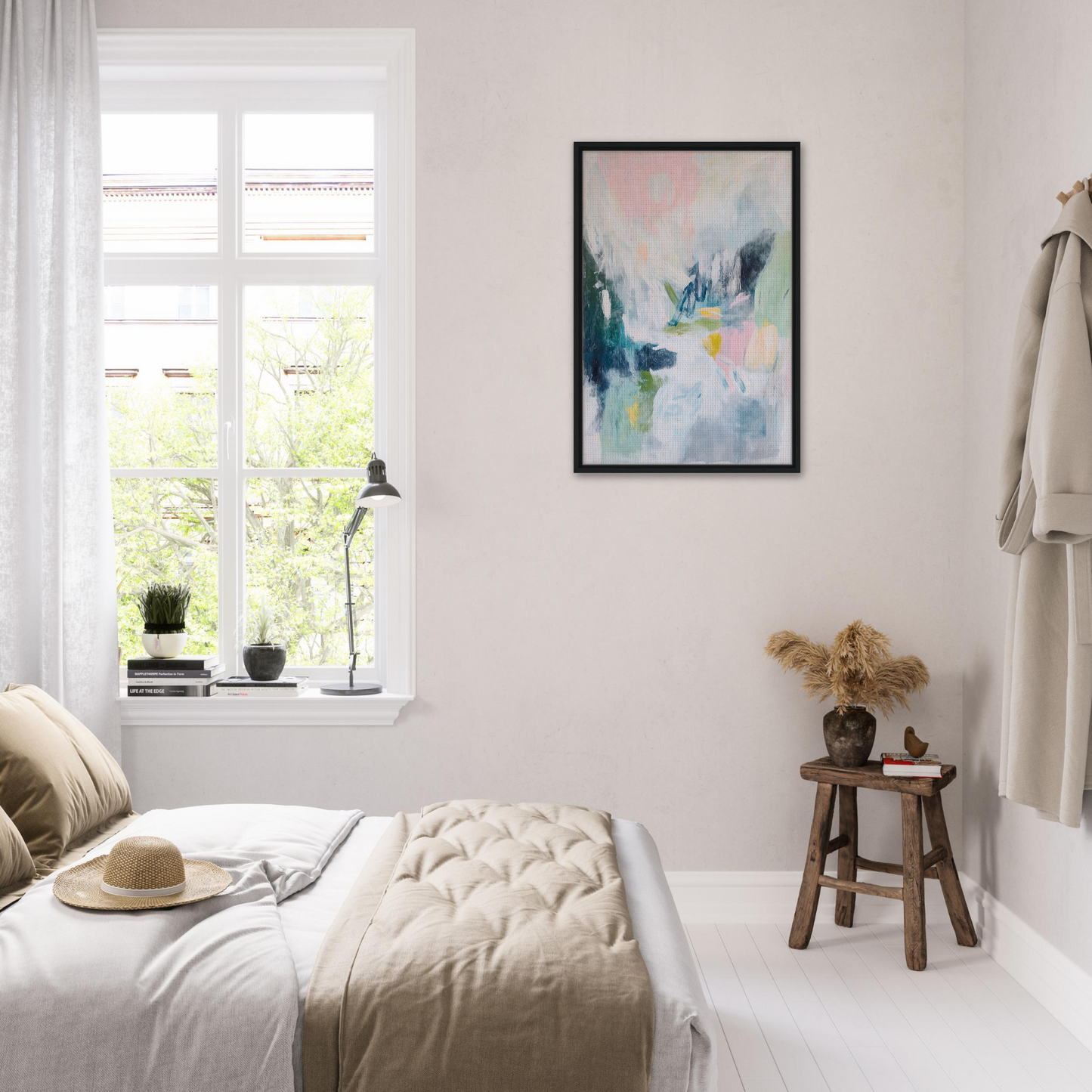 Bright, airy bedroom featuring Prism Dreamscape Gestures framed canvas print artwork