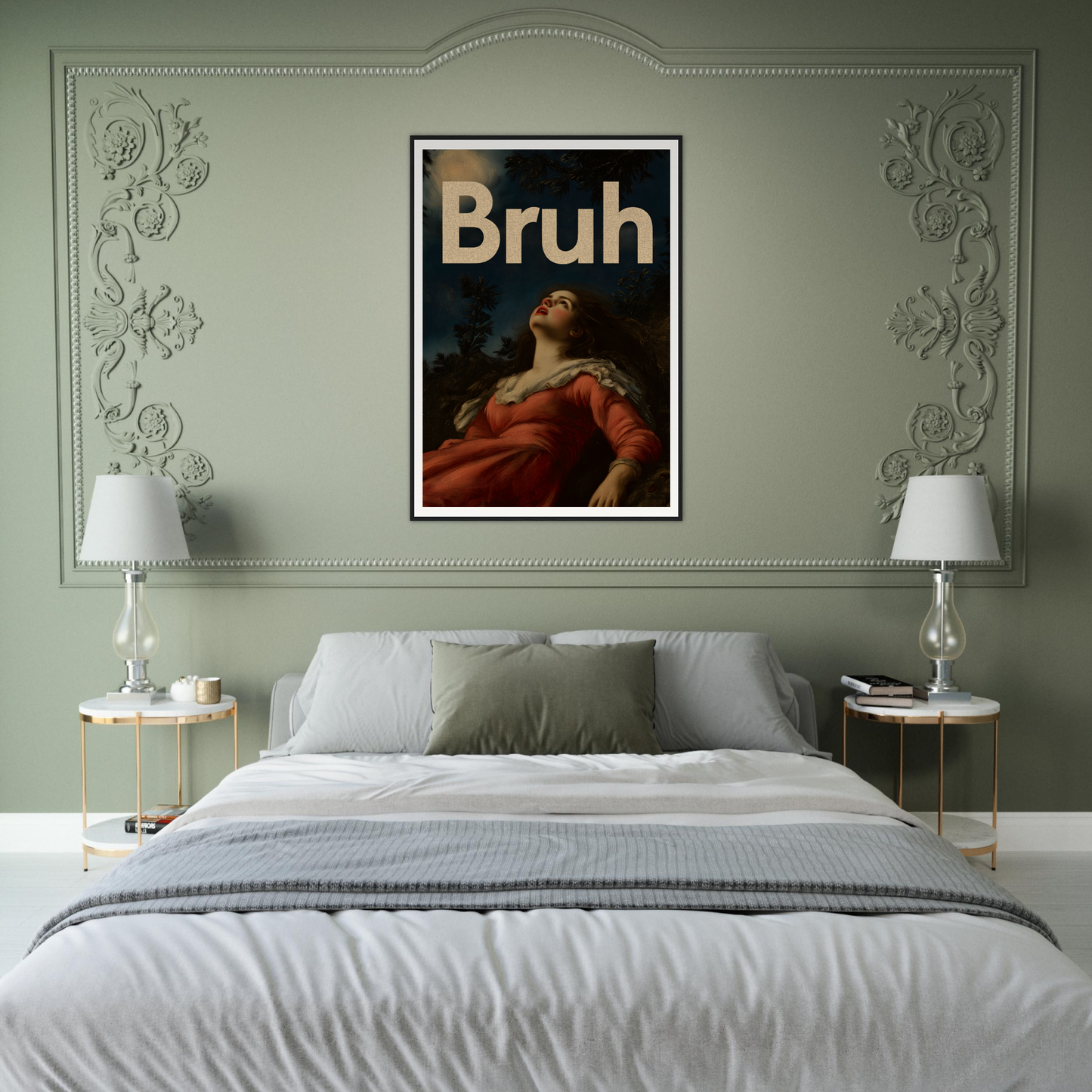 Modern bedroom featuring "Moonlit Bruh Reverie" framed wall art, blending classical and contemporary styles as cool home decor.