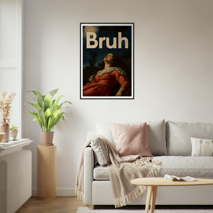 Modern living room with "Moonlit Bruh Reverie" framed wall art, combining classical elegance and cool room decor style.