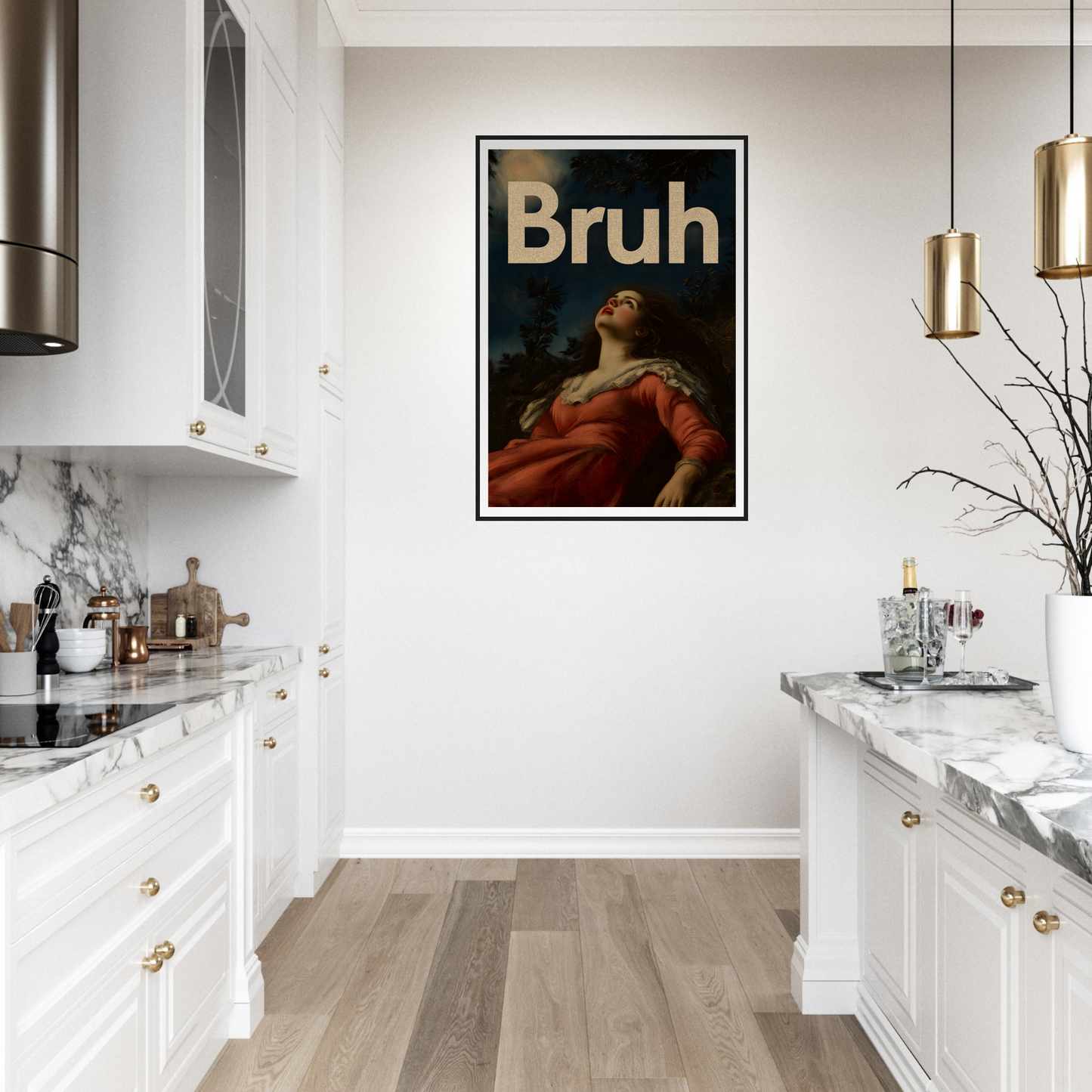 Elegant modern "Bruh" wall art in a stylish kitchen setting, blending tradition with innovation for unique home decor.