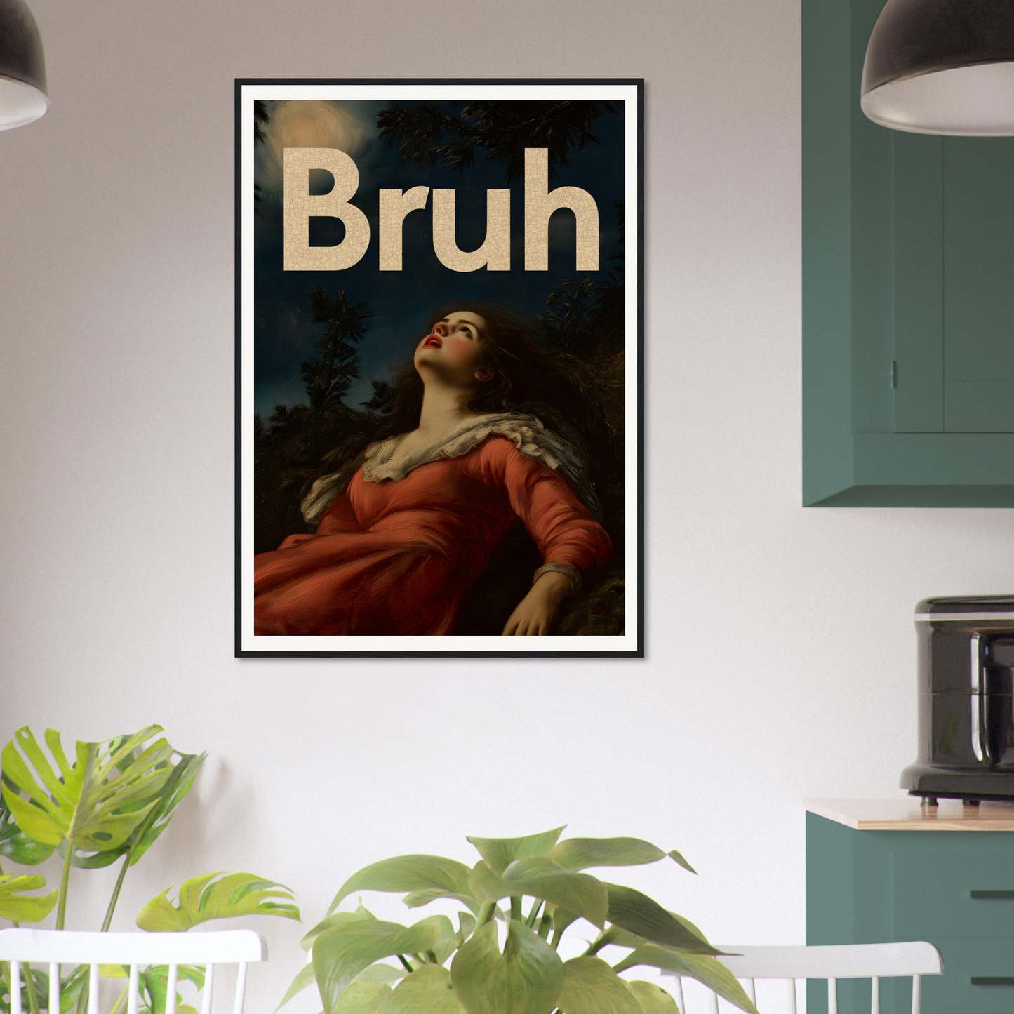 "Moonlit Bruh Reverie framed wall art in modern kitchen, blending classic and contemporary room decor style."