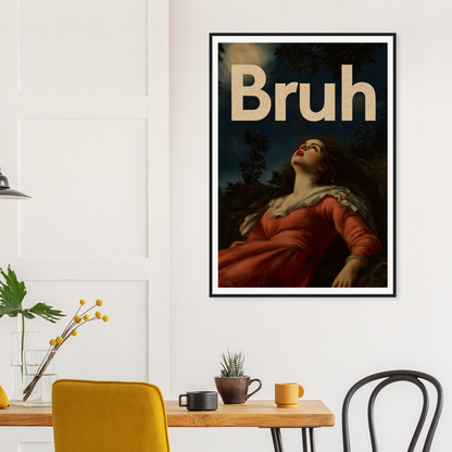 Modern framed wall art titled "Moonlit Bruh Reverie" on a white wall above a cozy dining area, blending tradition and cool room decor.