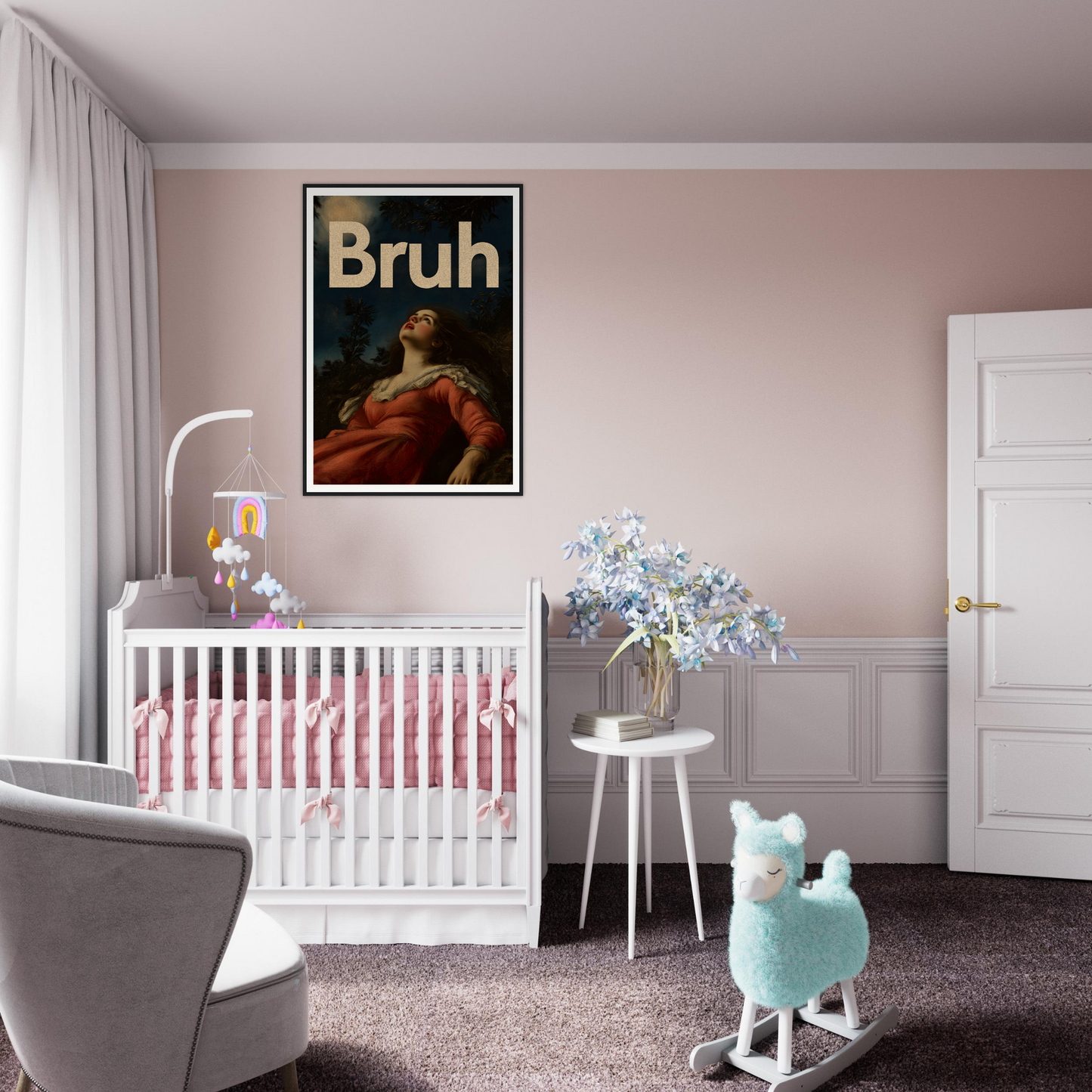 Modern nursery with "Moonlit Bruh Reverie" wall art, featuring an elegant portrait under night sky; stylish home decor addition.