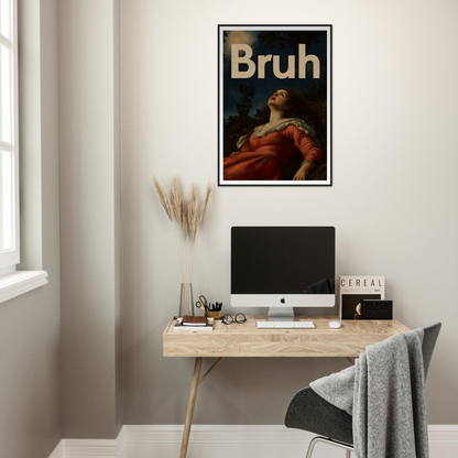 Modern framed wall art "Moonlit Bruh Reverie" in stylish workspace, blending classic elegance with cool home and room decor.