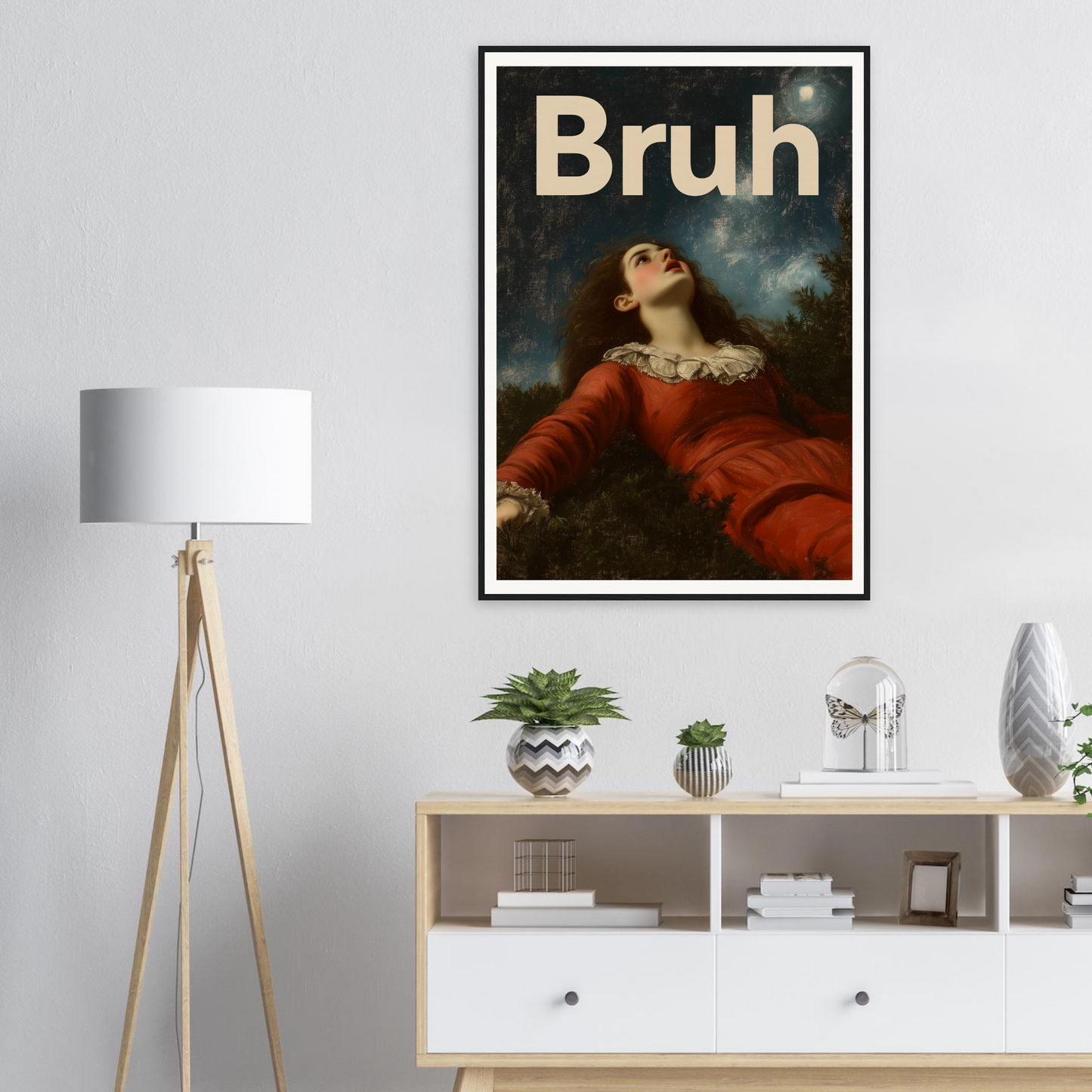 Stylish "Bruh Night Bewilderment" wall art framed in sleek black, enhancing chic home decor with humor and sophistication.