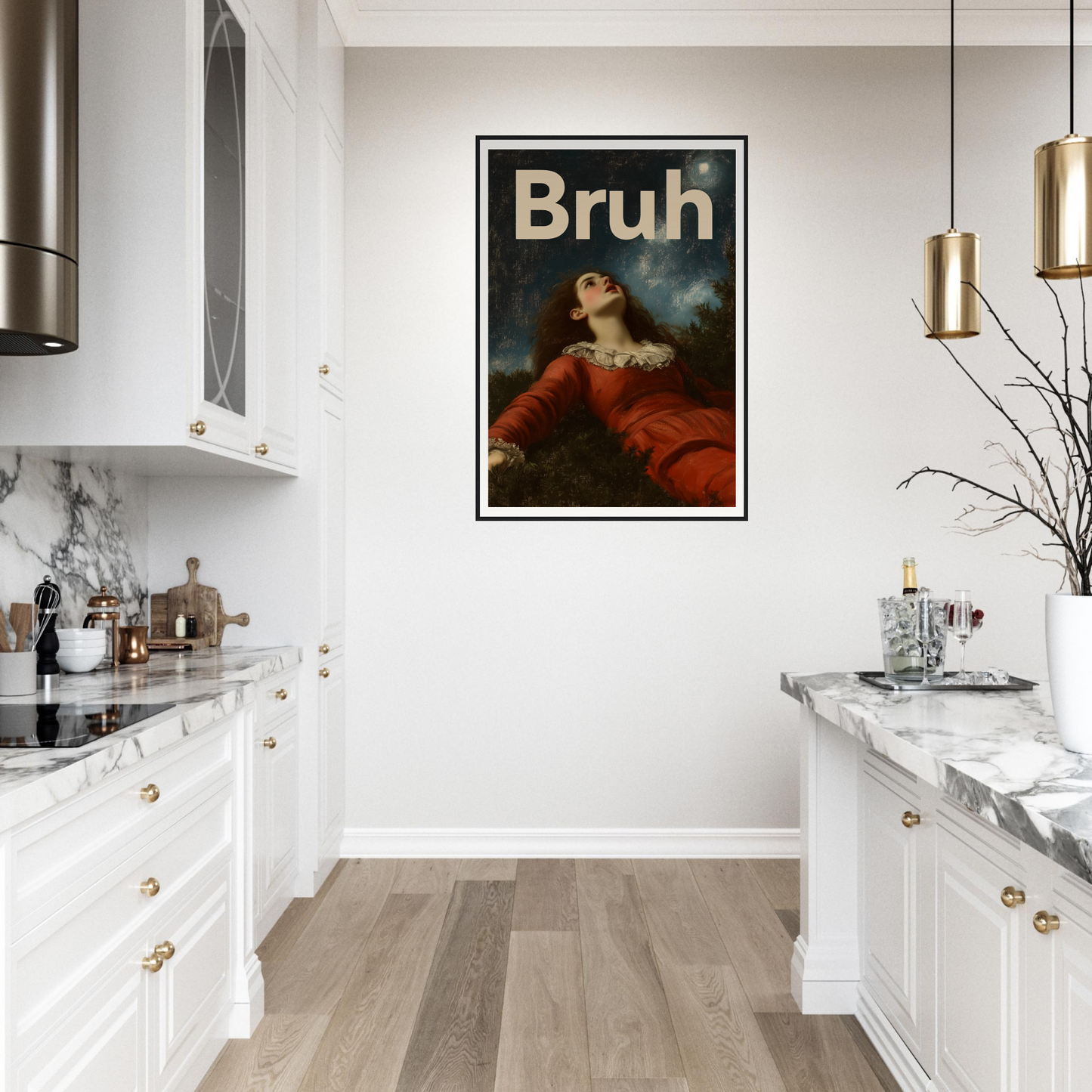 Elegant kitchen with "Bruh Night Bewilderment" framed art on wall, showcasing a fusion of classic elegance and modern humor as cool room decor.