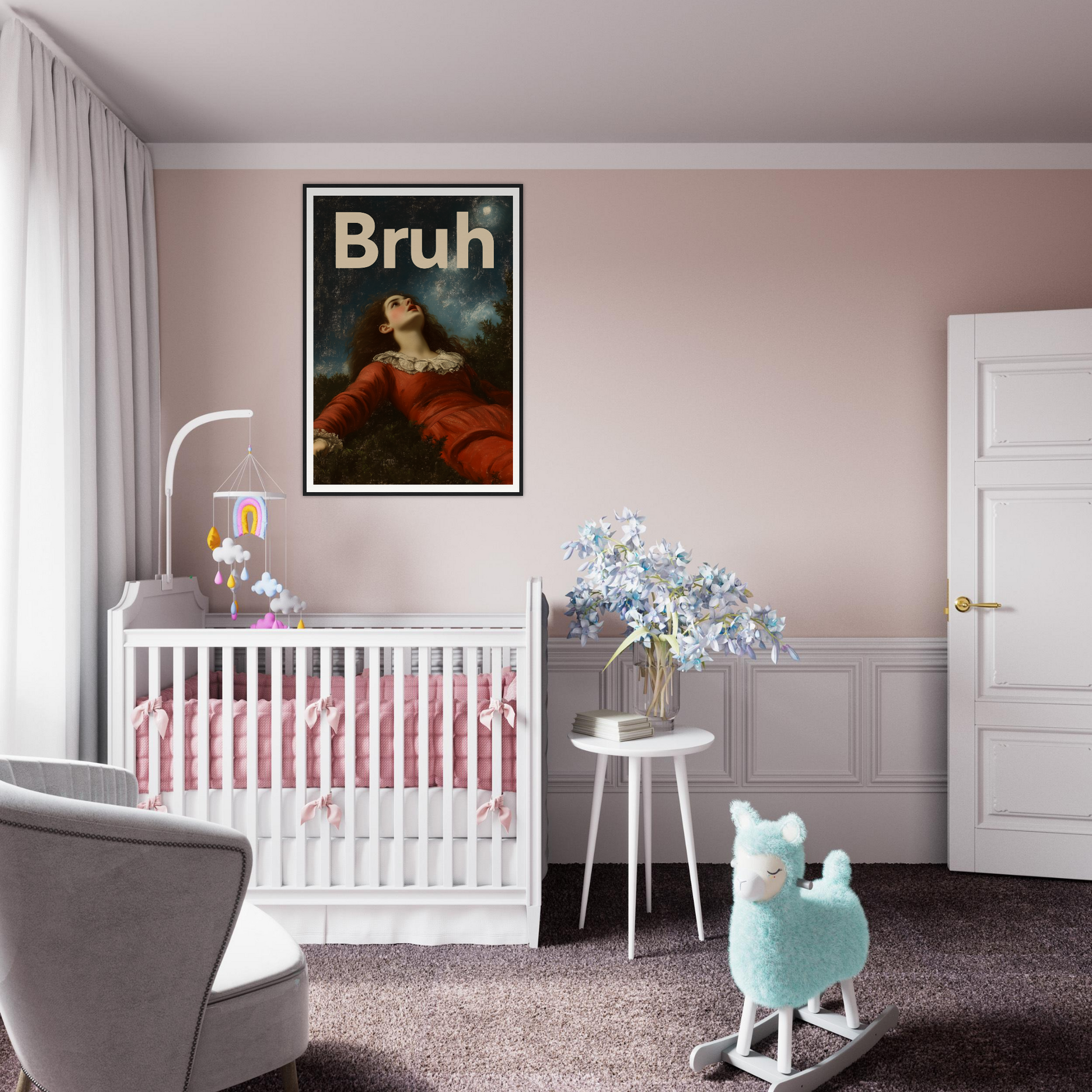 Sophisticated nursery room with framed "Bruh Night Bewilderment" wall art, blending humor and elegance in stylish home decor.