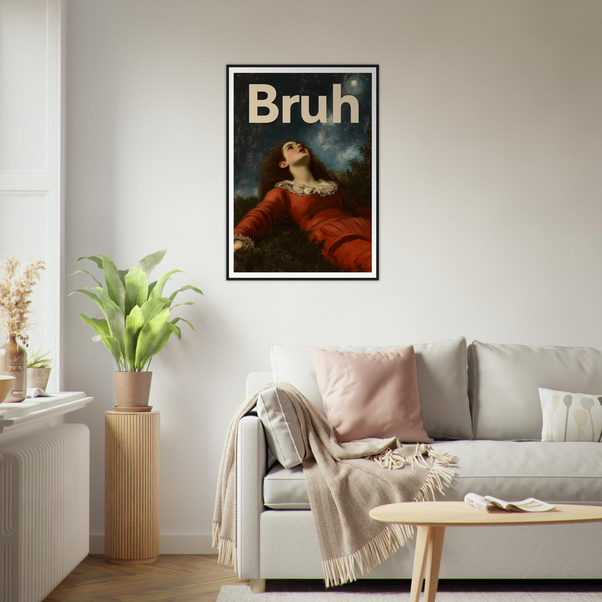 Elegant room with "Bruh Night Bewilderment" framed wall art, showcasing timeless beauty and cool style in home decor.