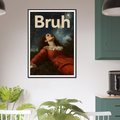 "Bruh Night Bewilderment framed wall art in modern kitchen, blending classic elegance and humor for cool home decor"