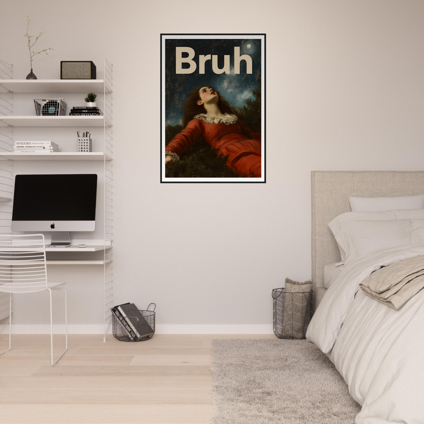 "Bruh Night Bewilderment wall art in a stylish bedroom setting, featuring elegant modern home decor and sophisticated room design."