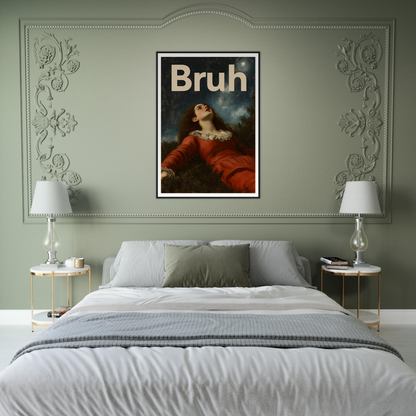 Elegant bedroom featuring "Bruh Night Bewilderment" framed wall art, blending classic and modern style for cool room decor.