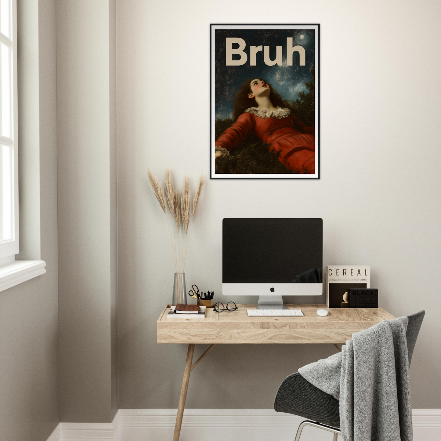 Elegant framed wall art "Bruh Night Bewilderment" on a modern desk setting, perfect for cool room and home decor style.