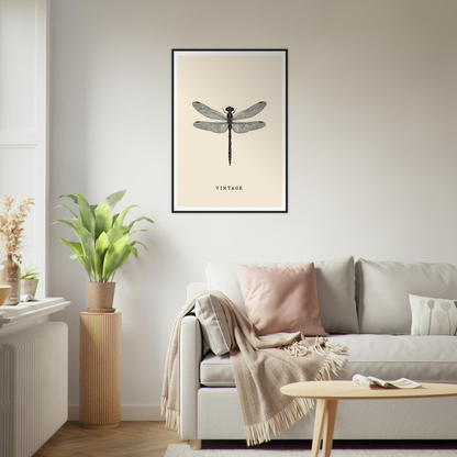 Vintage dragonfly framed wall art enhancing a modern living room with stylish home decor and cool room aesthetics.