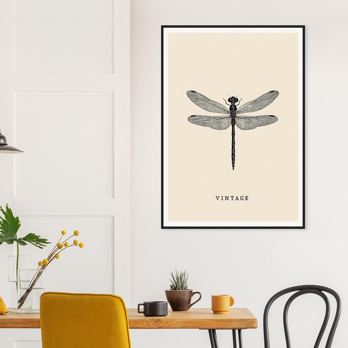 Vintage dragonfly framed wall art decorates stylish room, enhancing home decor with timeless elegance and cool aesthetic.