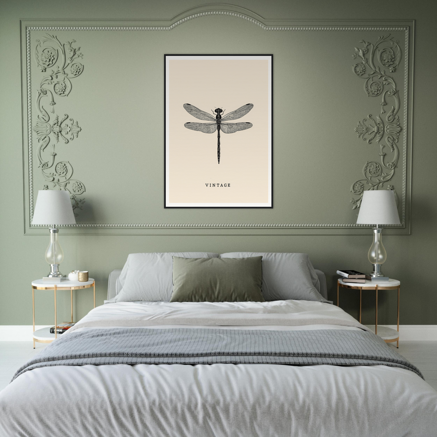 Elegant dragonfly vintage wall art framed above a stylish bed, enhancing home decor with timeless sophistication and cool room style.