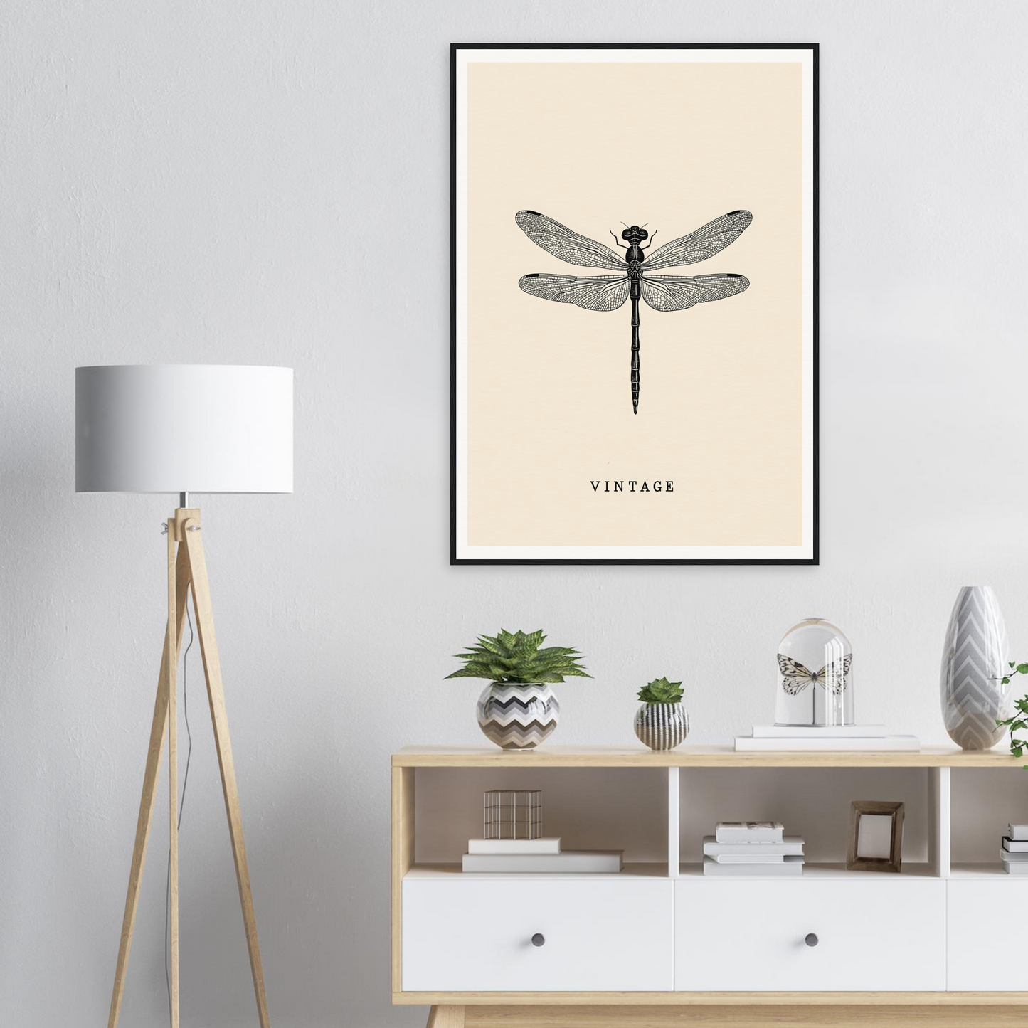 Vintage dragonfly framed wall art in modern room setting with minimalistic decor, perfect for stylish home and room decor.