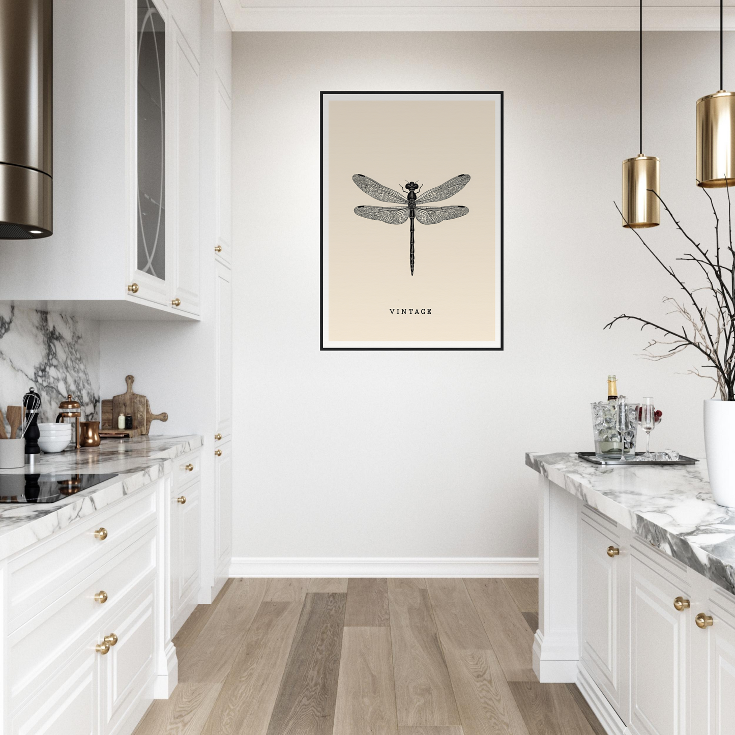 Vintage dragonfly framed wall art in elegant kitchen, showcasing cool room decor and style for home and room decor enthusiasts.