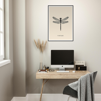 "Vintage dragonfly framed wall art in stylish home office, enhancing room decor with timeless elegance and modern design."