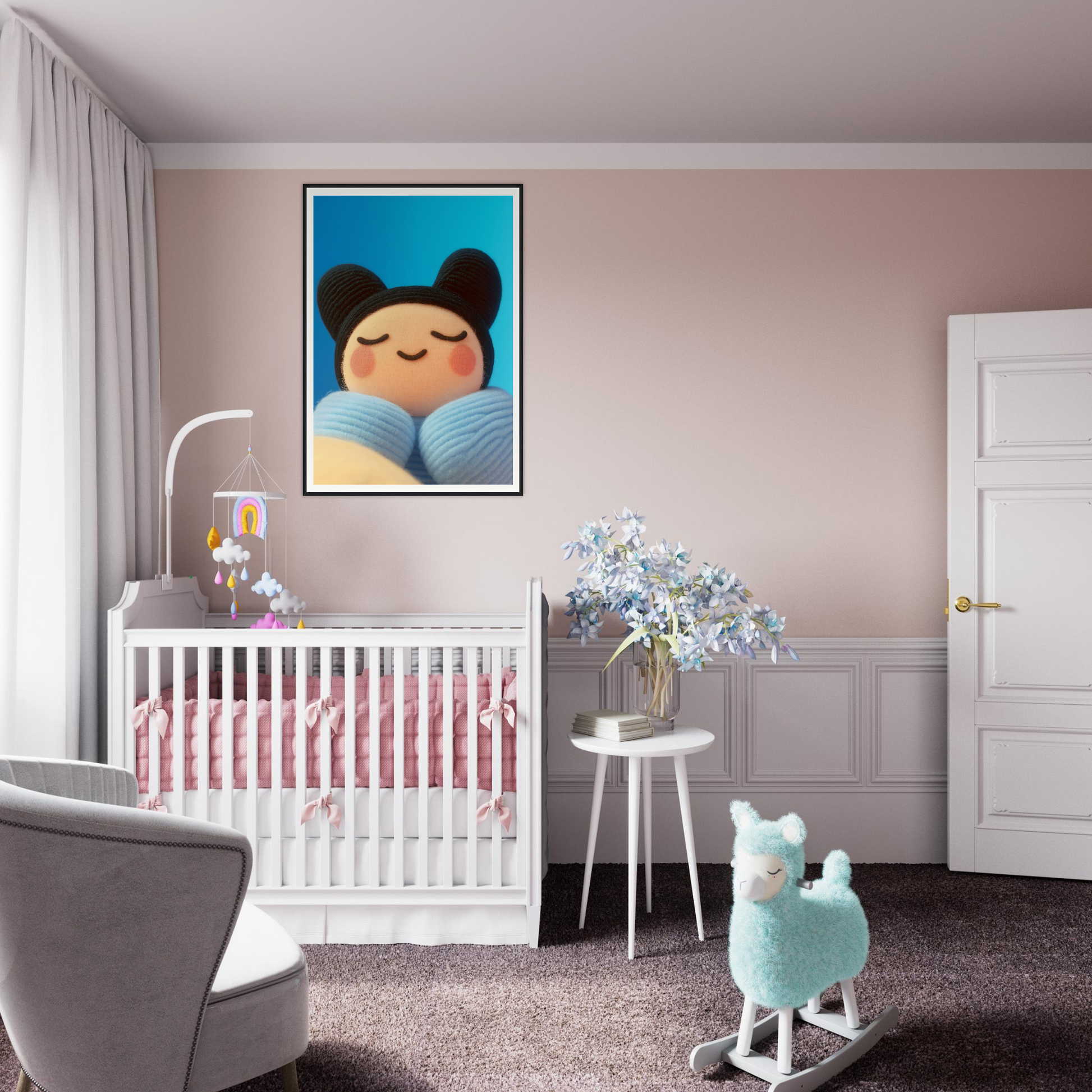 Skybound Plush Reverie framed wall art in a serene nursery, featuring whimsical design and cool room decor for home style.