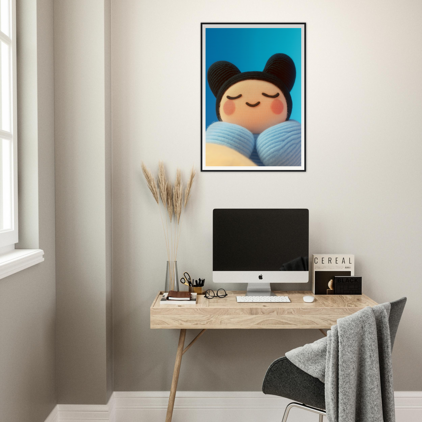 Framed "Skybound Plush Reverie" wall art enhancing home office decor with whimsical style and serene digital design.