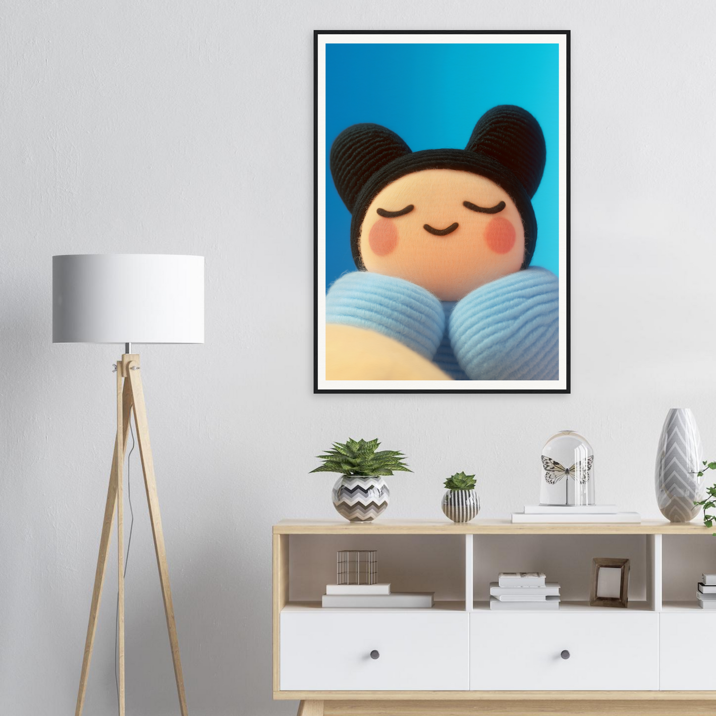 Skybound Plush Reverie framed wall art in modern room decor setting with plants and minimalist furniture, adding whimsy and style.