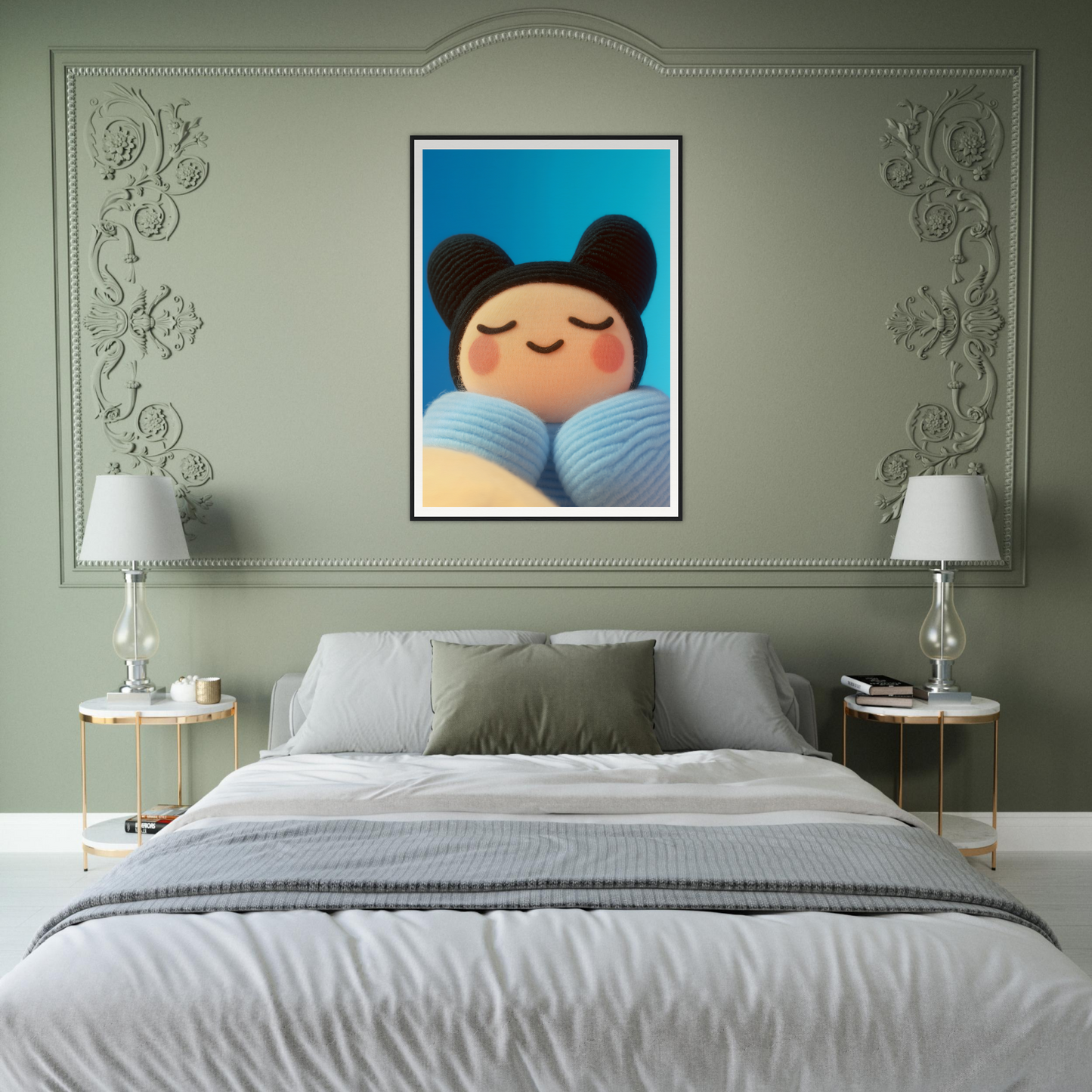 Modern bedroom with Skybound Plush Reverie framed wall art above bed, adding whimsical style and joy to home decor.