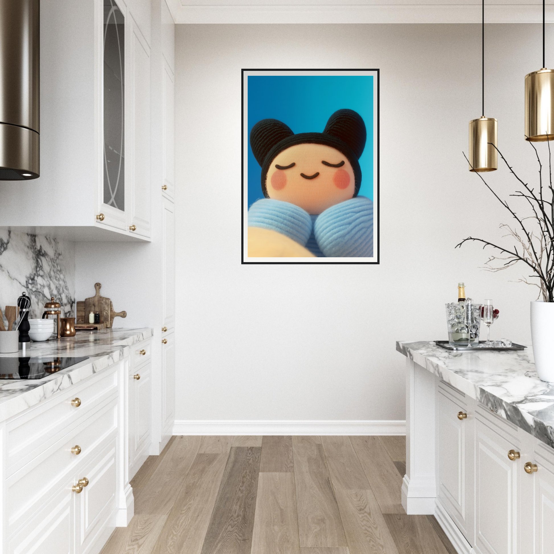 "Skybound Plush Reverie framed wall art in modern kitchen, adding style and whimsy to home decor with tranquil and joyful vibes."