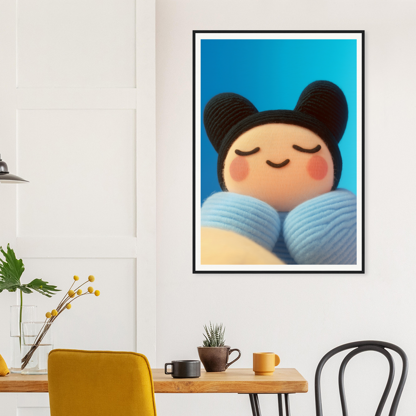 Skybound Plush Reverie framed wall art in modern dining room, adding joy and tranquility as cool home and room decor.